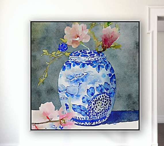 Oversized watercolor chinoiserie jar with magnolia flowers  painting, 1mx1m