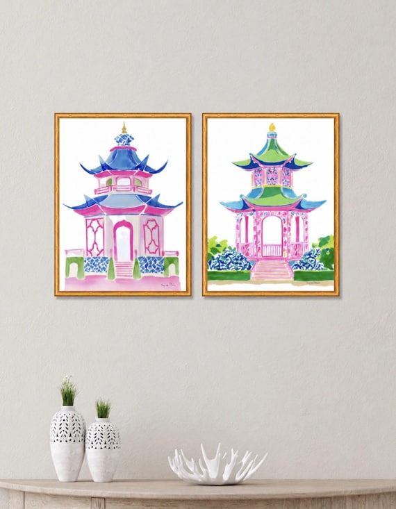 Grandmillennial Pagoda & Topiary Art Prints - Set of 2