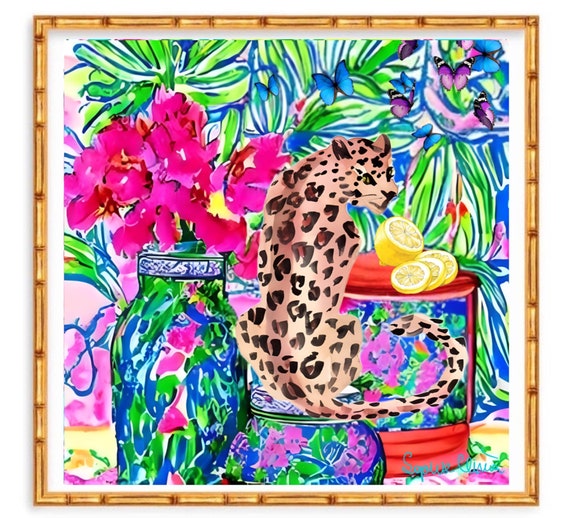 Grandmillennial art, Modern colorful chinoiserie print with cheetah and lemons