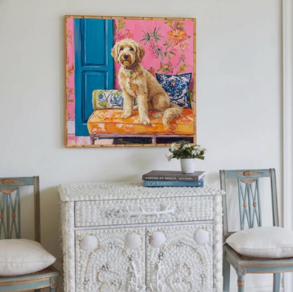Grandmillennial art, Golden doodle in pink room, whimsical dog painting