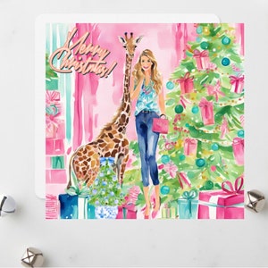 Ilustración Tarjeta de Navidad: niña preppy y jirafa decorando el árbol de Navidad