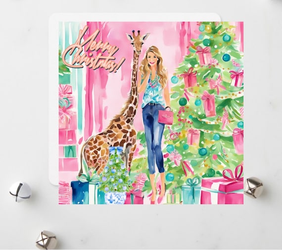 Illustration Christmas card: preppy girl and giraffe decorating Christmas tree