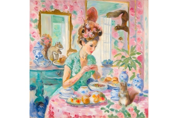 Grandmillennial art, A place to hide nuts, squirrel art