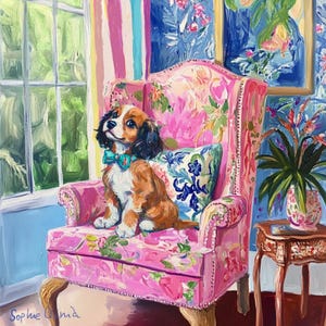 Verspielter Hunde-Kunstdruck: Grandmillennial Chinoiserie-Stil