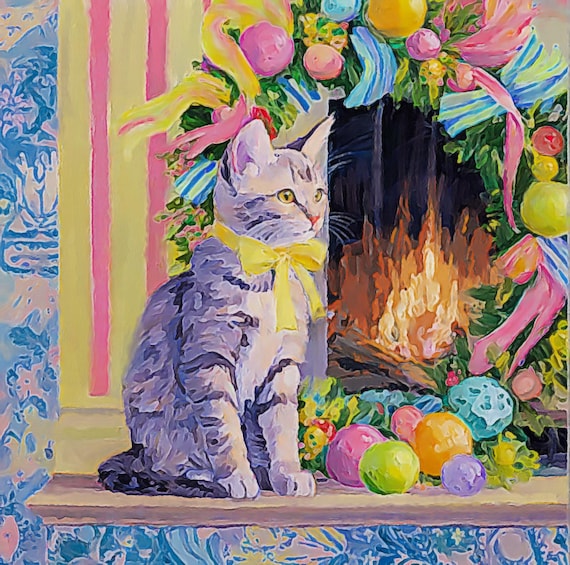 Grandmillennial art, Christmas portrait of a tabby cat, whimsical painting
