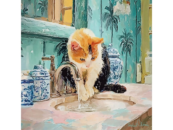 Chinoiserie Cat Art Print: Grandmillennial Bathroom Decor