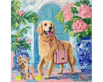Golden Retriever Art Print: Grandmillennial Palm Beach Decor