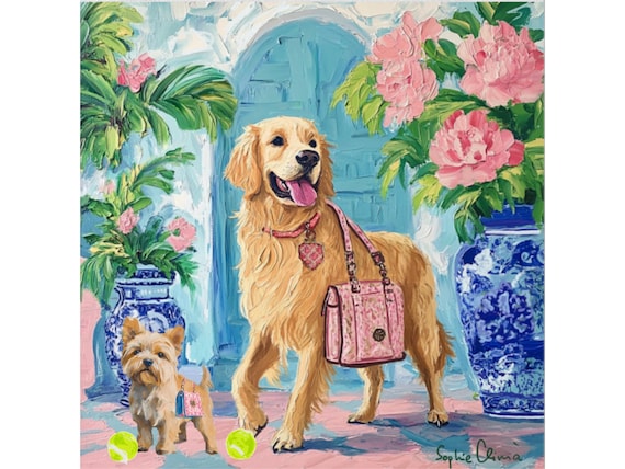 Golden Retriever Art Print: Grandmillennial Palm Beach Decor