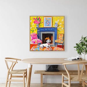 Original watercolor and ink sketch, Lurcher dog in yellow chinoiserie interior, 40x40cm bild 8