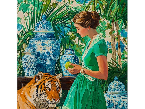 Grandmillennial art, Girl and tiger in green chinoiserie interior, whimsical fine art