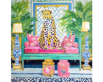 Grandmillennial art, cheetah in chinoiserie interior, whimsical fine art print