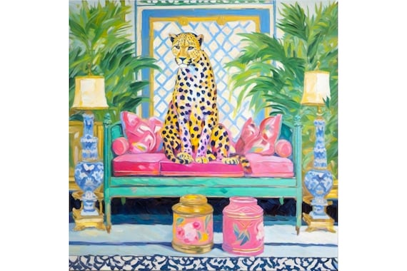 Grandmillennial art, cheetah in chinoiserie interior, whimsical fine art print