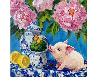 Pink Piglet & Peonies Giclée Print: Southern Grandmillennial Farmhouse Art