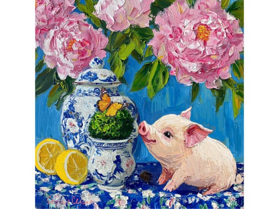 Pink Piglet & Peonies Giclée Print: Southern Grandmillennial Farmhouse Art