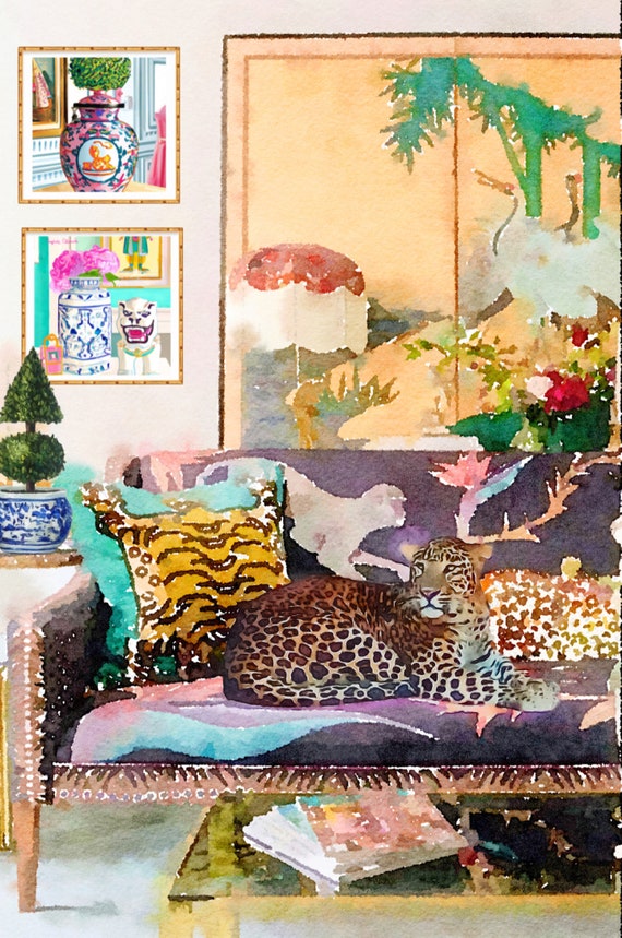 Grandmillennial artCheetah interior with Sophie’s prints, A5 greeting card