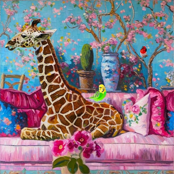 Grandmillennial art,Giraffe and green budgie in chinoiserie interior, whimsical fine art