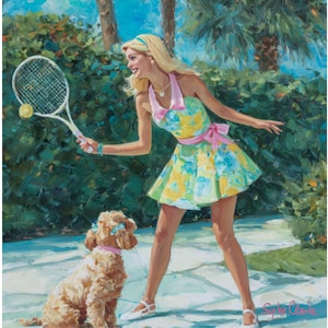 Grandmillennial Palm Beach Tennis Art Print: Preppy Blonde & Dog