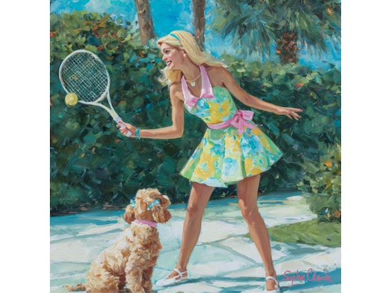 Grandmillennial Palm Beach Tennis Art Print: Preppy Blonde & Dog