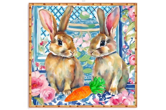 Bunnies and chinoiserie jar, printed and shipped, XL 1 m budget print available