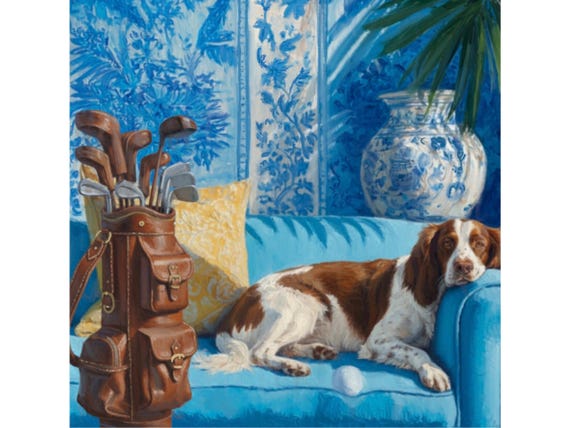 Grandmillennial art, A Golfer, whimsical dogs art