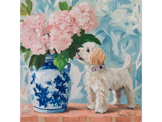 Grandmillennial art, Admiring the pink hydrangea, whimsical dog art