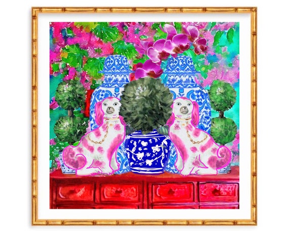 Grandmillennial art, Unique modern chinoiserie print with orchids and Staffordshire dogs