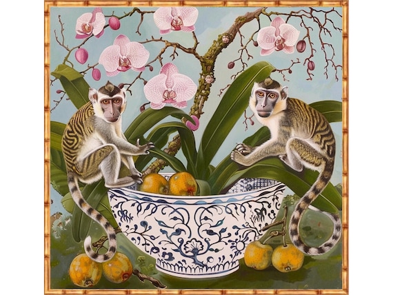 Chinoiserie Monkey Orchid Art Print: Grandmillennial Style Giclee