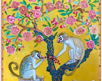 Grandmillennial Art, Monkeys Picking Berries Chinoiserie Wall Art