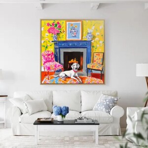 Original watercolor and ink sketch, Lurcher dog in yellow chinoiserie interior, 40x40cm bild 3