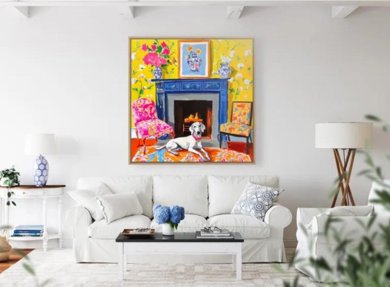 Original watercolor and ink sketch, Lurcher dog in yellow chinoiserie interior, 40x40cm bild 3