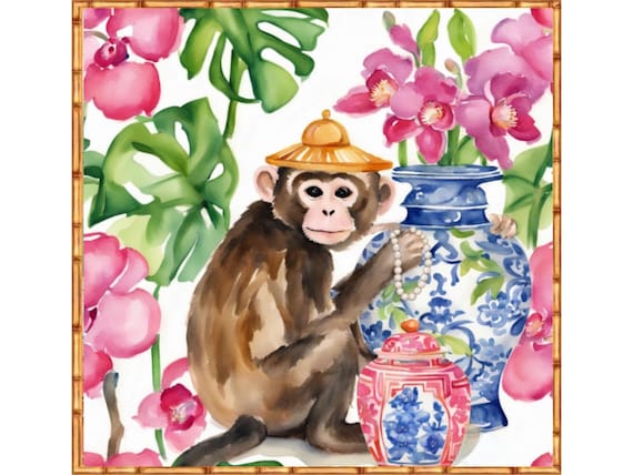 Grandmillennial art, Monkey in chinoiserie orchid garden art print
