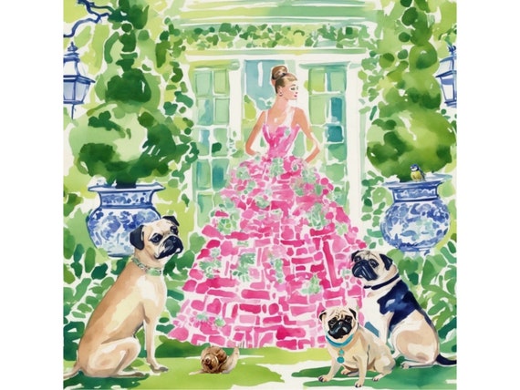 Grandmillennial art, The gardening team, preppy whimsical watercolor