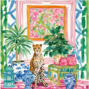 Grandmillennial art, cheetah and blue budgie in preppy chinoiserie interior, whimsical fine art print