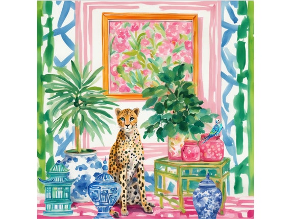 Grandmillennial art, cheetah and blue budgie in preppy chinoiserie interior, whimsical fine art print