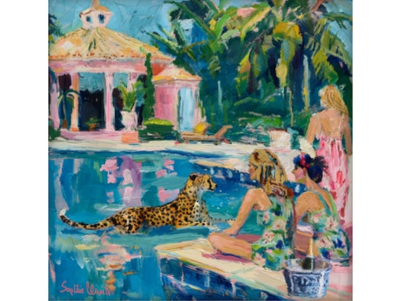 Cheetah Pool Party Art Print: Whimsical Grandmillennial Palm Beach Decor