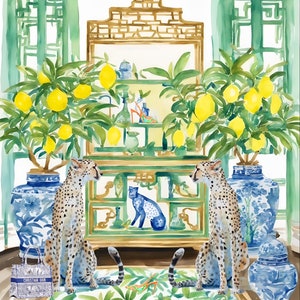 Grandmillennial art, 60x60 cm 300 gsm paper print Cheetahs and lemon trees in chinoiserie interior