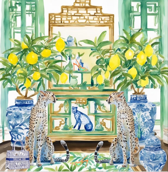 Cheetah and Lemon Tree Print: Grandmillennial Chinoiserie Art