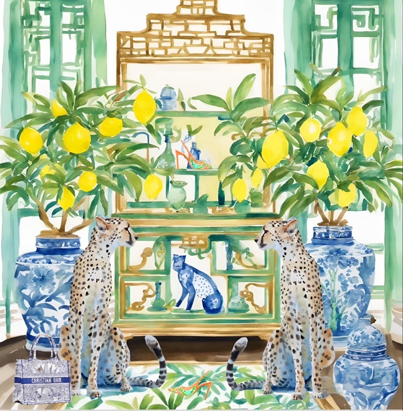 Grandmillennial art, 60x60 cm 300 gsm paper print Cheetahs and lemon trees in chinoiserie interior image 1