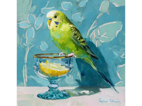 Whimsical Budgie Art Print: Gin & Tonic, Grandmillennial Decor