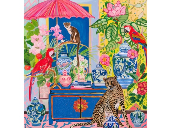Grandmillennial art, Cheetah, monkey and macaw parrots in chinoiserie interior, chinoiserie giclee print