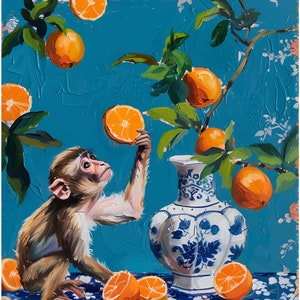 May include: A brown monkey holding a sliced orange in its hand, with a blue and white porcelain vase filled with oranges and a branch of orange blossoms on a teal background.