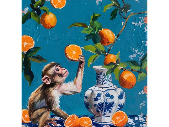 Monkey & Oranges Watercolor Art Print: Grandmillennial Decor