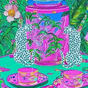 chinoiserie print, blue panthers and chinoiserie jars grandmillennial style  print