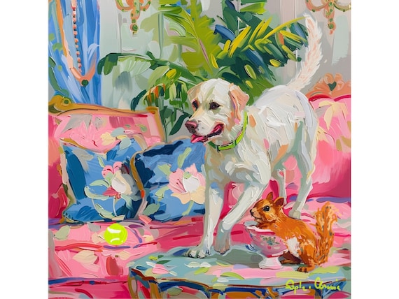 Whimsical Dog Art Print: Grandmillennial Style Watercolor