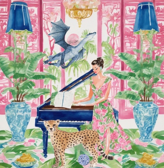 Grandmillennial art, The Palace of Singing Dragon, whimsical chinoiserie giclee print
