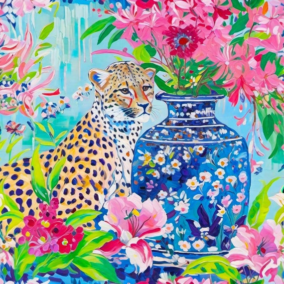 Grandmillennial art,Leopard and pink Clematis, whimsical fine art