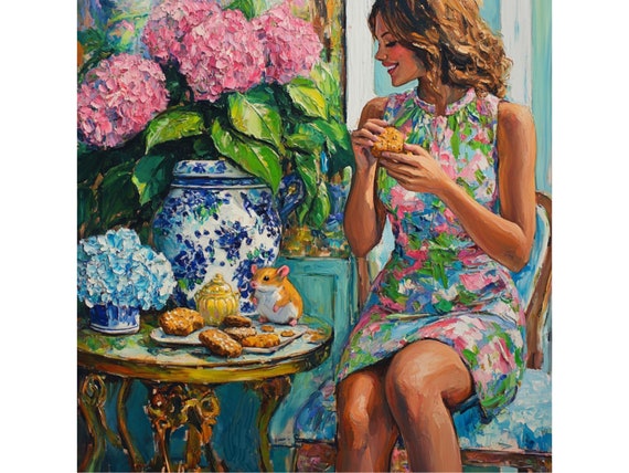 Grandmillennial art, Breakfast under the pink hydrangea, whimsical fine art