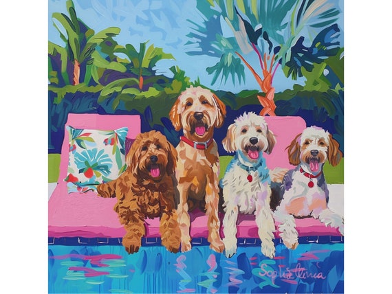 Grandmillennial art, Dogs at the swimming pool, whimsical fine art