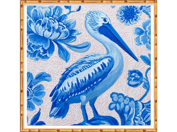 Grandmillennial art, Pelican in Blue and White coastal chinoiserie style