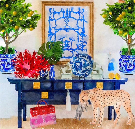 Grandmillennial art, Cheetah and her cub in blue chinoiserie interior, Giclee art print